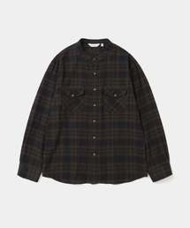band collar check shirt brown