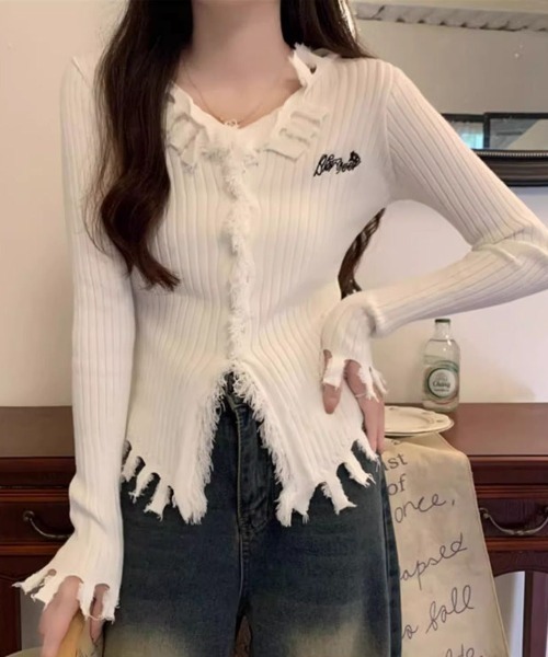ｔｏｌｅｎｅ（トレネ）の「リブ編み フリンジ ダメージ加工 ニットカーディガン（ニット/セーター・レディース・ホワイト・FREE）」の3枚目の写真