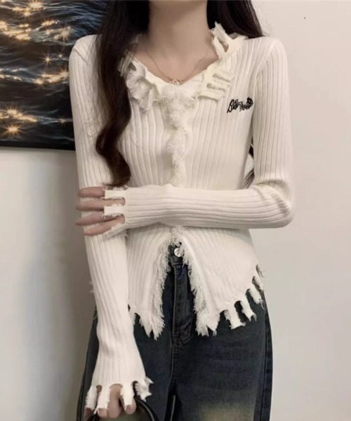 ｔｏｌｅｎｅ（トレネ）の「リブ編み フリンジ ダメージ加工 ニットカーディガン（ニット/セーター・レディース・ホワイト・FREE）」の6枚目の写真