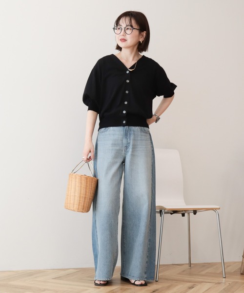 AMERICAN HOLIC(アメリカンホリック)の「【抗菌防臭】5分袖シアーVネックニットカーディガン(カーディガン/ボレロ・レディース・ブラウン/サックスブルー/ブラック/アイボリー・L/M)」の5枚目の写真