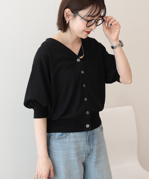 AMERICAN HOLIC(アメリカンホリック)の「【抗菌防臭】5分袖シアーVネックニットカーディガン(カーディガン/ボレロ・レディース・ブラウン/サックスブルー/ブラック/アイボリー・L/M)」の7枚目の写真