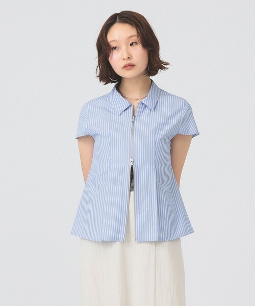 Ray BEAMS（レイビームス）の「ストライプ ジップ シャツ ハーフスリーブ（シャツ/ブラウス・レディース・ベージュ/ブルー・ONE SIZE）」の2枚目の写真