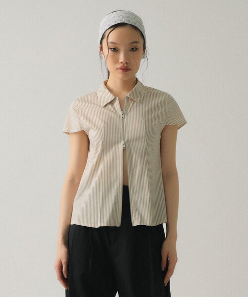 Ray BEAMS（レイビームス）の「ストライプ ジップ シャツ ハーフスリーブ（シャツ/ブラウス・レディース・ベージュ/ブルー・ONE SIZE）」の14枚目の写真