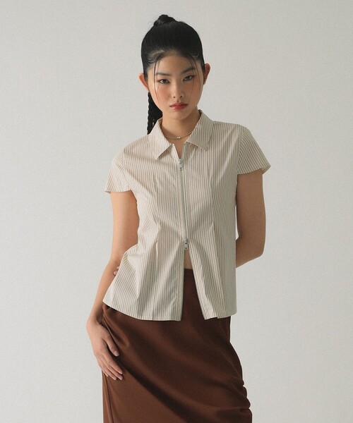 Ray BEAMS（レイビームス）の「ストライプ ジップ シャツ ハーフスリーブ（シャツ/ブラウス・レディース・ベージュ/ブルー・ONE SIZE）」の16枚目の写真