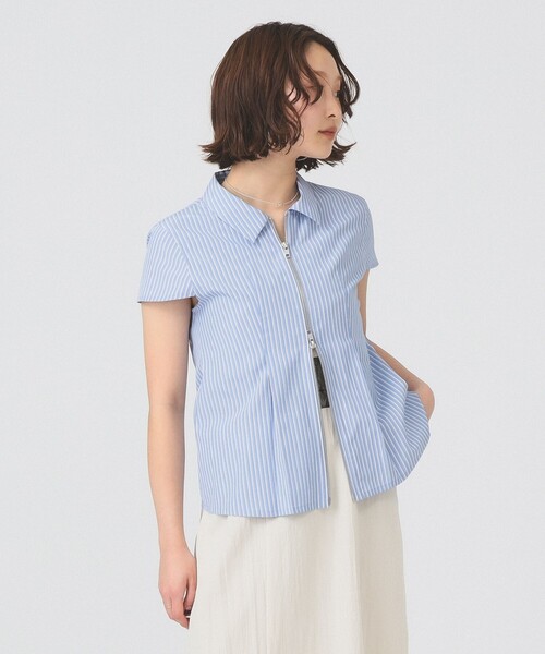 Ray BEAMS（レイビームス）の「ストライプ ジップ シャツ ハーフスリーブ（シャツ/ブラウス・レディース・ベージュ/ブルー・ONE SIZE）」の3枚目の写真