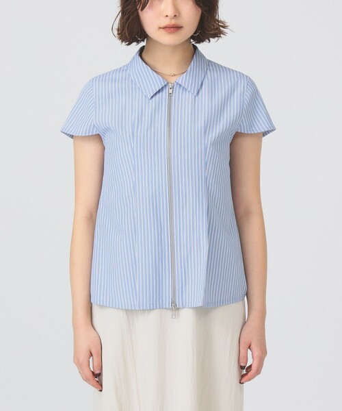 Ray BEAMS（レイビームス）の「ストライプ ジップ シャツ ハーフスリーブ（シャツ/ブラウス・レディース・ベージュ/ブルー・ONE SIZE）」の4枚目の写真