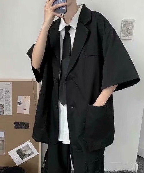 SHEPP（シープ）の「半袖テーラードルーズシルエットジャケット（テーラードジャケット・メンズ・グレー/ブラック・L/M）」の2枚目の写真