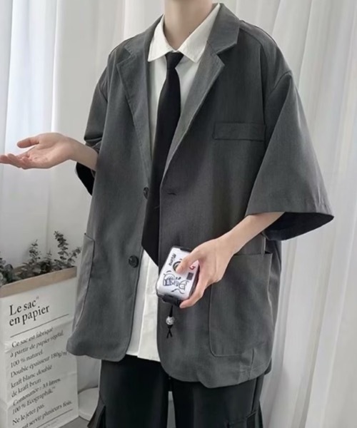 SHEPP(シープ)の「【UNISEX】半袖テーラードルーズシルエットジャケット(テーラードジャケット・メンズ・グレー/ブラック・L/M)」の5枚目の写真