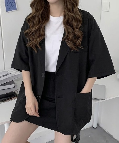 SHEPP(シープ)の「【UNISEX】半袖テーラードルーズシルエットジャケット(テーラードジャケット・メンズ・グレー/ブラック・L/M)」の7枚目の写真