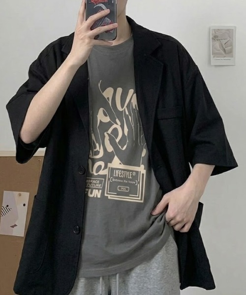 SHEPP(シープ)の「【UNISEX】半袖テーラードルーズシルエットジャケット(テーラードジャケット・メンズ・グレー/ブラック・L/M)」の8枚目の写真