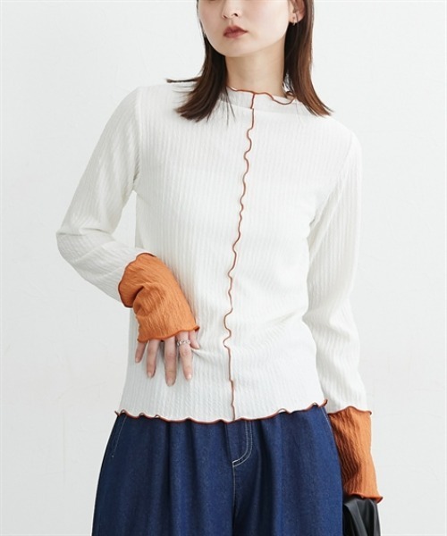 nissen（ニッセン）の「前後２ＷＡＹふくれジャガード袖配色切替メロートップス（Tシャツ/カットソー・レディース・アイボリー/ブラック・L/M/LL）」の2枚目の写真