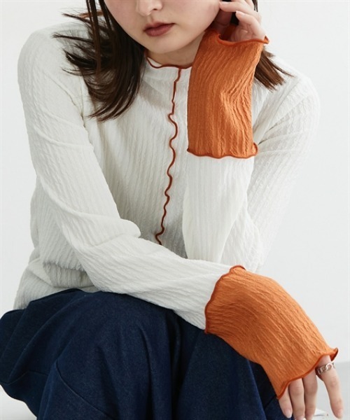 nissen（ニッセン）の「前後２ＷＡＹふくれジャガード袖配色切替メロートップス（Tシャツ/カットソー・レディース・アイボリー/ブラック・L/M/LL）」の3枚目の写真