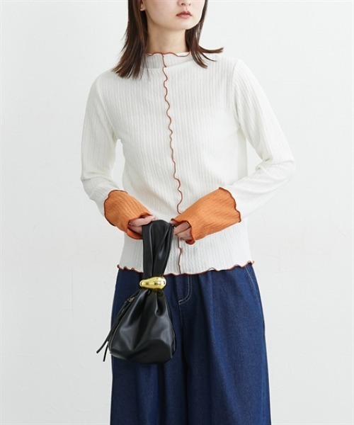 nissen（ニッセン）の「前後２ＷＡＹふくれジャガード袖配色切替メロートップス（Tシャツ/カットソー・レディース・アイボリー/ブラック・L/M/LL）」の4枚目の写真