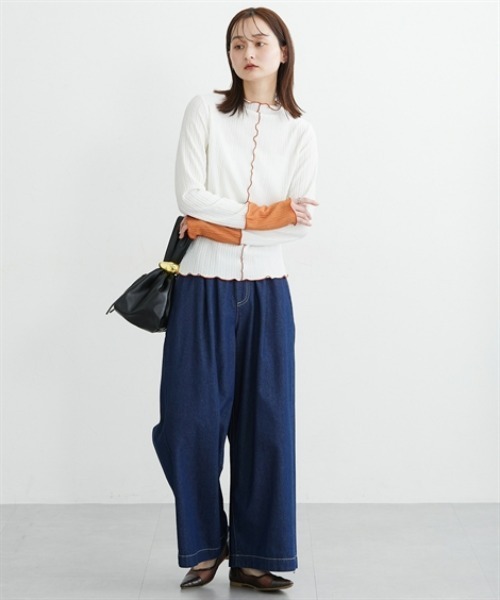 nissen（ニッセン）の「前後２ＷＡＹふくれジャガード袖配色切替メロートップス（Tシャツ/カットソー・レディース・アイボリー/ブラック・L/M/LL）」の8枚目の写真