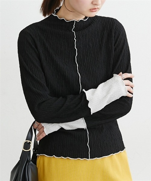 nissen（ニッセン）の「前後２ＷＡＹふくれジャガード袖配色切替メロートップス（Tシャツ/カットソー・レディース・アイボリー/ブラック・L/M/LL）」の12枚目の写真