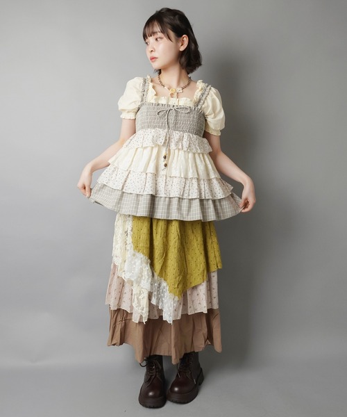 SPINNS(スピンズ)の「異素材ティアードチュニック/チェックフラワー/NEO森ガール(チュニック・レディース・グレー/サックスブルー・ONESIZE)」の10枚目の写真