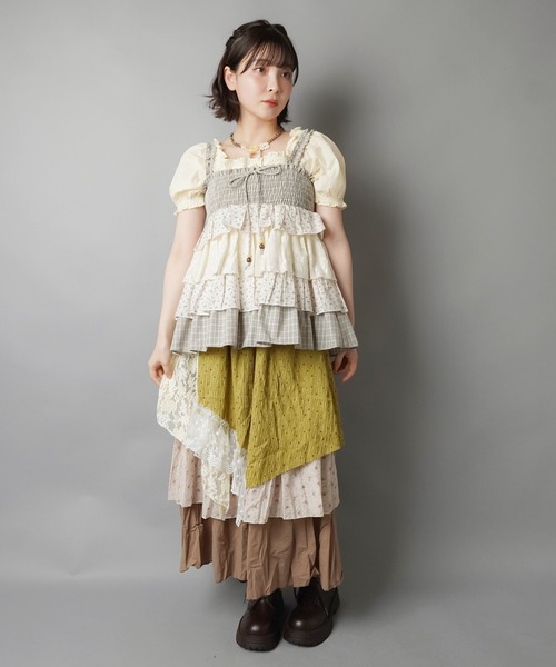 SPINNS(スピンズ)の「異素材ティアードチュニック/チェックフラワー/NEO森ガール(チュニック・レディース・グレー/サックスブルー・ONESIZE)」の12枚目の写真