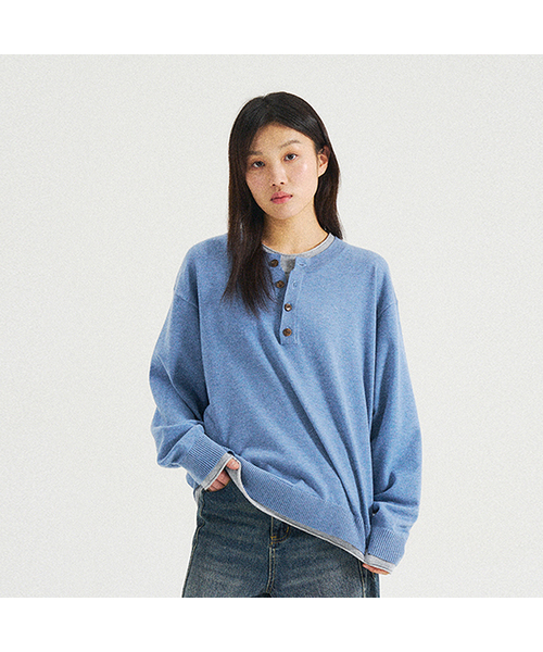 レイヤードヘンリーネックニット[スカイブルー]