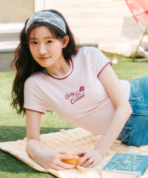 ウーマンベイビーフィットレースリンガーTシャツピンク