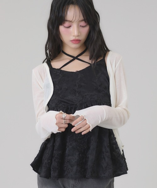 apres jour mignon(アプレジュールミニョン)の「シアーカットカーディガン(カーディガン/ボレロ・レディース・ブラウン/杢グレー/ブラック/アイボリー/ブラウン系その他/ネイビー/グリーン・LARGE/フリー)」の8枚目の写真