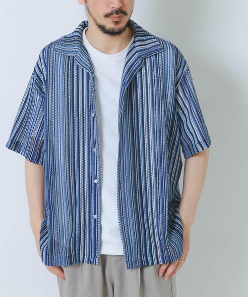 ITEMS URBANRESEARCH(アイテムズ アーバンリサーチ)の「マルチストライプレースオープンカラーショートスリーブシャツ(シャツ/ブラウス・メンズ・ブルー/グリーン/ブラック・MEDIUM/LARGE)」の3枚目の写真