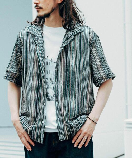 ITEMS URBANRESEARCH(アイテムズ アーバンリサーチ)の「マルチストライプレースオープンカラーショートスリーブシャツ(シャツ/ブラウス・メンズ・ブルー/グリーン/ブラック・MEDIUM/LARGE)」の1枚目の写真