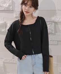 TeddyShop | 【クロップド丈/ゆったり羽織れて水陸両用】長袖カーディガン風リブ×メロウフリルラッシュガードトップス レディース(ラッシュガード)