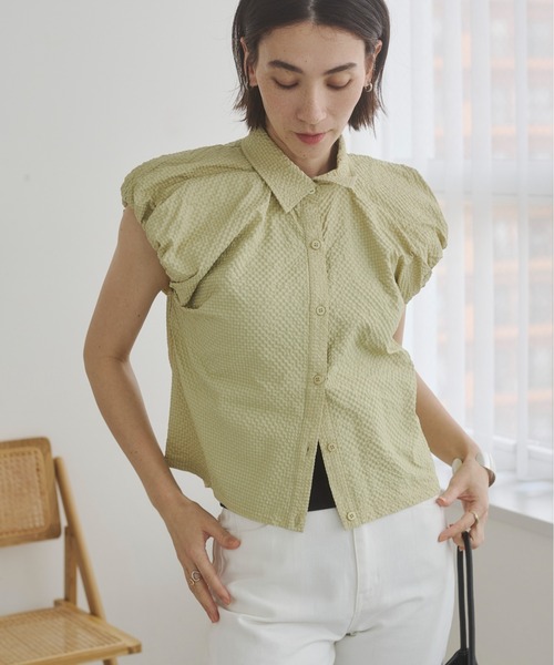 ANGIE(アンジー)の「シアサッカー バルーンスリーブシャツ / フレンチスリーブ ブラウス / 夏服(シャツ/ブラウス・レディース・ブラウン/オフホワイト/イエロー・FREE)」の21枚目の写真
