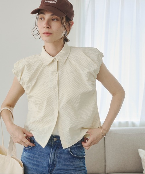 ANGIE(アンジー)の「シアサッカー バルーンスリーブシャツ / フレンチスリーブ ブラウス / 夏服(シャツ/ブラウス・レディース・ブラウン/オフホワイト/イエロー・FREE)」の8枚目の写真