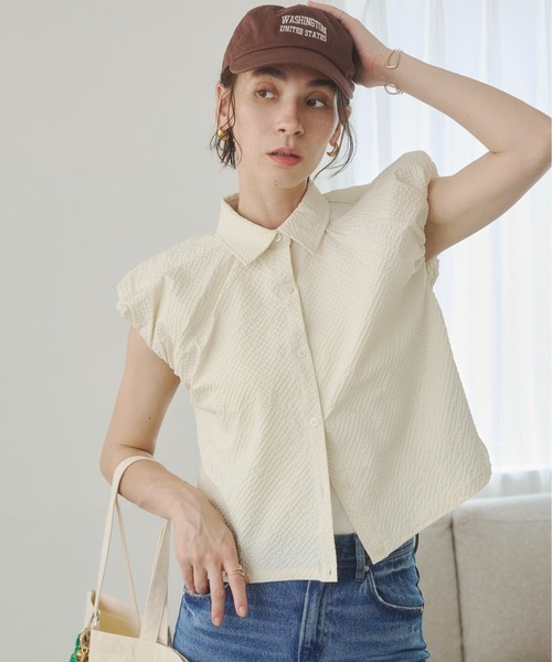 ANGIE(アンジー)の「シアサッカー バルーンスリーブシャツ / フレンチスリーブ ブラウス / 夏服(シャツ/ブラウス・レディース・ブラウン/オフホワイト/イエロー・FREE)」の10枚目の写真