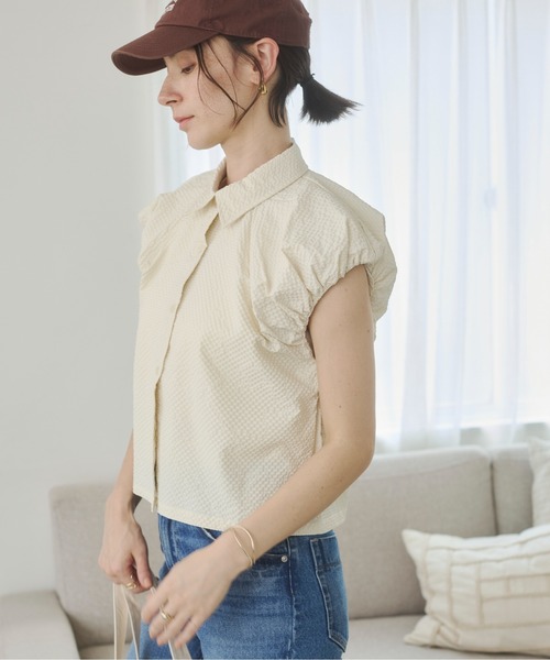 ANGIE(アンジー)の「シアサッカー バルーンスリーブシャツ / フレンチスリーブ ブラウス / 夏服(シャツ/ブラウス・レディース・ブラウン/オフホワイト/イエロー・FREE)」の12枚目の写真