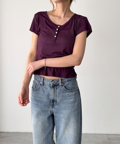 CANAL JEAN（キャナルジーン）の「El mar　テンセルヘンリーTシャツ（Tシャツ/カットソー・レディース・ホワイト/パープル/ブラック・ONE SIZE）」の3枚目の写真