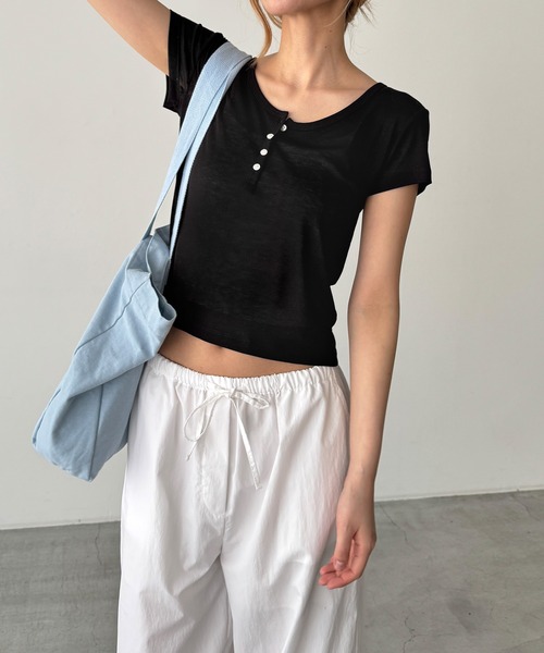 CANAL JEAN（キャナルジーン）の「El mar　テンセルヘンリーTシャツ（Tシャツ/カットソー・レディース・ホワイト/パープル/ブラック・ONE SIZE）」の2枚目の写真