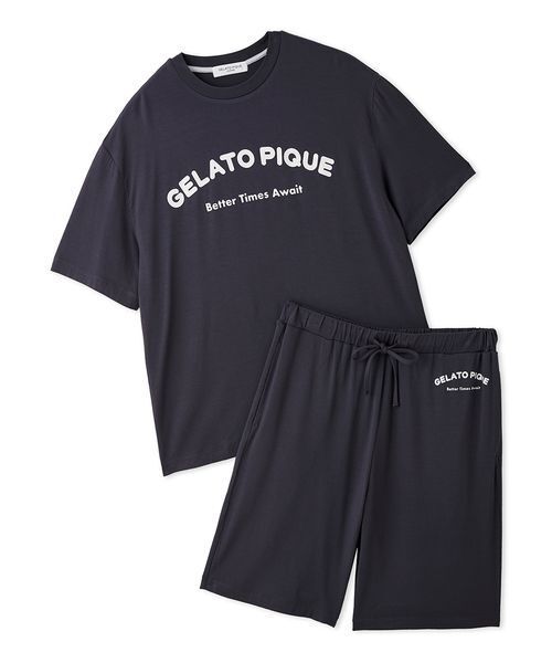 GELATO PIQUE ブラック ルームウェアセット メンズ　フリーサイズ HOMME】【接触冷感】カジュアルレーヨンロゴTシャツ&ハーフパンツ