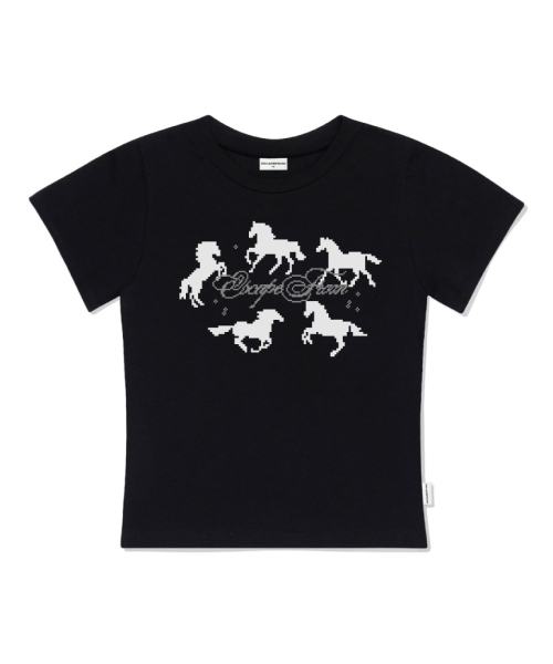 ESCAPEFROM(エスケープフロム)の「アラウンドホースプリントスリムフィット半袖Tシャツブラック(Tシャツ/カットソー・レディース・その他・LARGE/MEDIUM)」の1枚目の写真