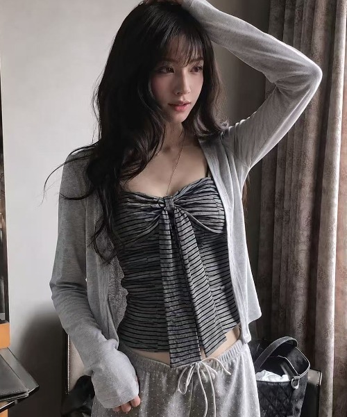Achic(アシック)の「2点セット/2026韓国風リボンキャミソール×薄手 日焼け止め 冷房対策 シアーカーディガン(カーディガン/ボレロ・レディース・ブラック/グレー・M)」の10枚目の写真