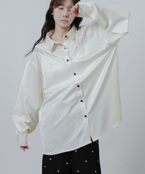 NYLAUS(ナイラス)の「【SG】レース サテン オーバーサイズシャツ 長袖(シャツ/ブラウス・レディース・ブラック/アイボリー・M)」の4枚目の写真