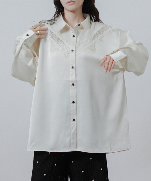 NYLAUS(ナイラス)の「【SG】レース サテン オーバーサイズシャツ 長袖(シャツ/ブラウス・レディース・ブラック/アイボリー・M)」の6枚目の写真