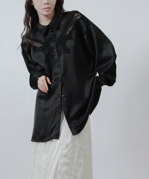 NYLAUS(ナイラス)の「【SG】レース サテン オーバーサイズシャツ 長袖(シャツ/ブラウス・レディース・ブラック/アイボリー・M)」の13枚目の写真