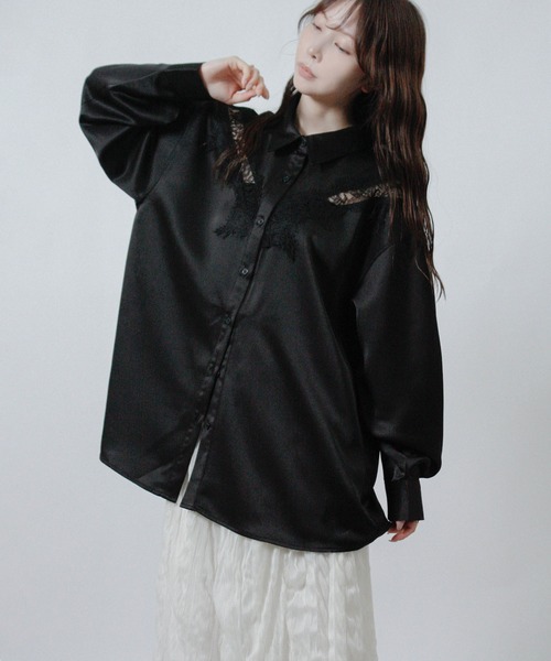 NYLAUS(ナイラス)の「【SG】レース サテン オーバーサイズシャツ 長袖(シャツ/ブラウス・レディース・ブラック/アイボリー・M)」の14枚目の写真