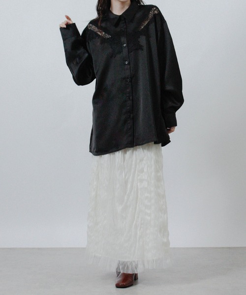 NYLAUS(ナイラス)の「【SG】レース サテン オーバーサイズシャツ 長袖(シャツ/ブラウス・レディース・ブラック/アイボリー・M)」の18枚目の写真