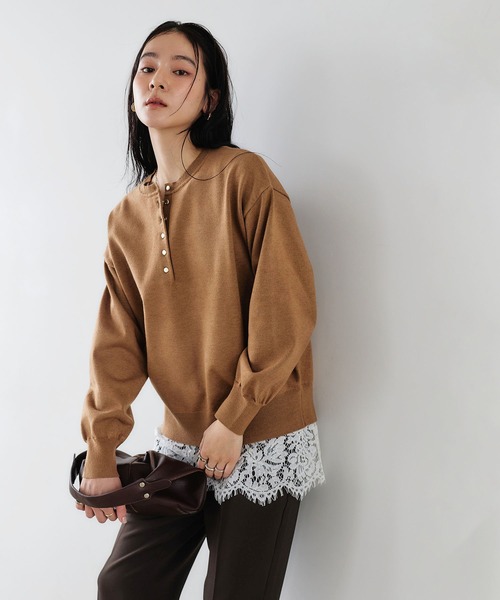 CROSS FUNCTION(クロスファンクション)の「《洗える》スウェットライクヘンリーネックニット【CROSS FUNCTION/クロスファンクション】(ニット/セーター・レディース・ダークブラウン/ベビーピンク/ライトブラウン・LL/L/M)」の4枚目の写真