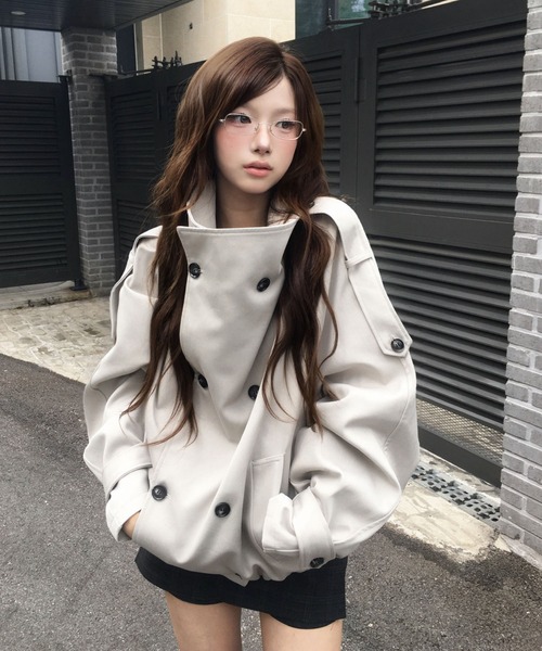 modimood(モディムード)の「MOMU ハイネックダブルボタンオーバートレンチコート(トレンチコート・レディース・グレイッシュベージュ/ブラック/ベージュ・FREE)」の5枚目の写真