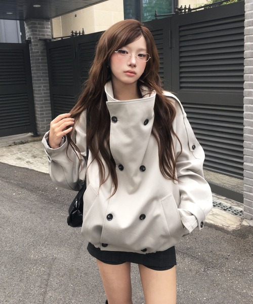 modimood(モディムード)の「MOMU ハイネックダブルボタンオーバートレンチコート(トレンチコート・レディース・グレイッシュベージュ/ブラック/ベージュ・FREE)」の4枚目の写真