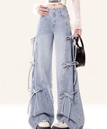 【26年秋冬新作】《低身長向けサイズ》サイドレースアップ リボンデザイン ワイドデニムパンツ