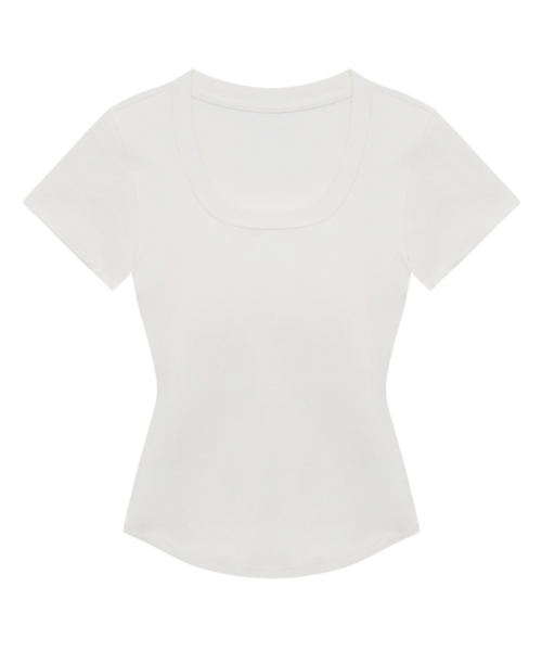 RITZYSEOUL（リッジソウル）の「[カップ内蔵] Uネック シグネチャーライン 半袖Tシャツ（Tシャツ/カットソー・レディース・ホワイト/ダークグレー/ブラック・LARGE/X-LARGE/SMALL/MEDIUM）」の2枚目の写真