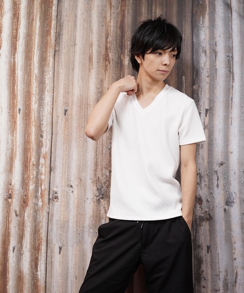 おしゃれスタ(オシャレスタ)の「ジャカードストライプVネック半袖カットソー(SS)(Tシャツ/カットソー・メンズ・ホワイト/ネイビー/ブラック・M/L)」の1枚目の写真