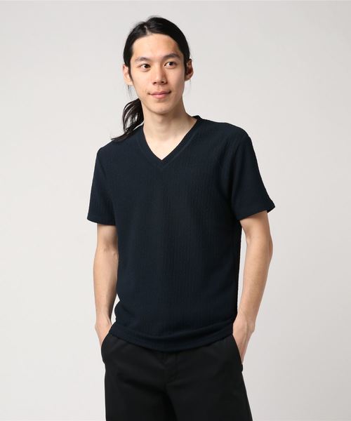 おしゃれスタ(オシャレスタ)の「ジャカードストライプVネック半袖カットソー(SS)(Tシャツ/カットソー・メンズ・ホワイト/ネイビー/ブラック・M/L)」の13枚目の写真