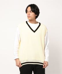 麻タッチアクリル畔編みベスト