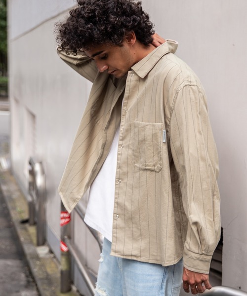 BAYFLOW（ベイフロー）の「ストライプCPOシャツ（シャツ/ブラウス・メンズ・ベージュ/ネイビー/オフホワイト・SMALL/MEDIUM/LARGE）」の3枚目の写真
